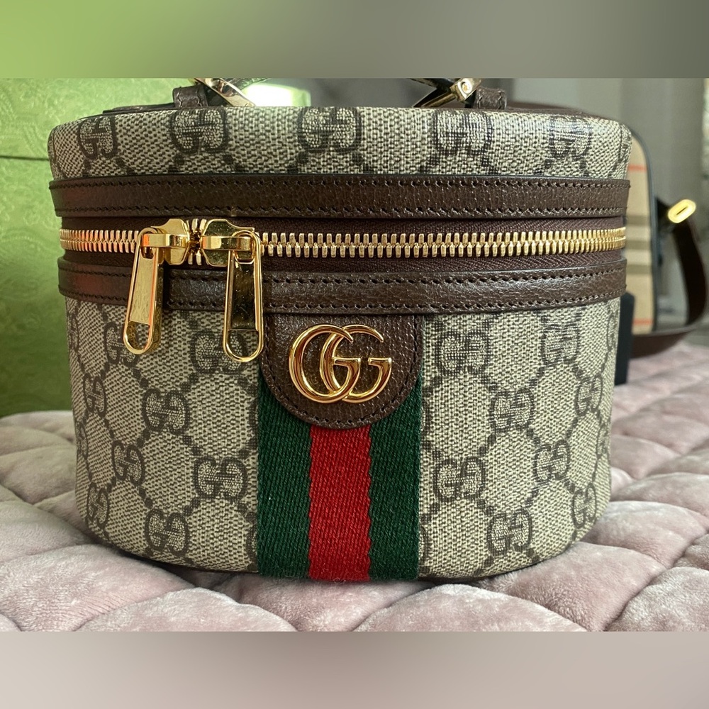 Gucci Brown Monogram Vanity Case with Gold Zipper